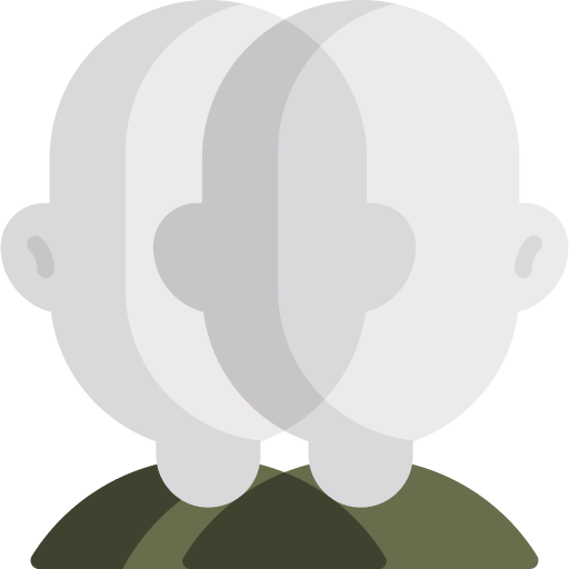 An abstract illustration of two faceless bald human heads overlapping creating a layered visual effect that suggests dissociation The heads are mirrored with one facing left and the other right The image uses muted colors primarily shades of gray and green