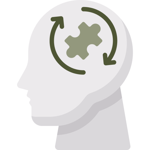 Illustration of a human head profile in white with a gray puzzle piece inside The puzzle piece is surrounded by two green circular arrows indicating a concept related to thinking mental processes or problem solvingmuch like the cognitive aspects explored in EMDR therapy