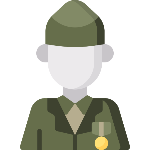 Illustration of a person in military uniform The uniform is green with darker green accents featuring a collar and a medal on the chest celebrating military veterans valor The person is wearing a matching green hat The facial features are not detailed and the background is plain