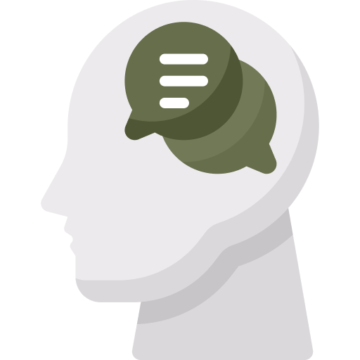 Illustration of a white human head silhouette with two overlapping speech bubbles inside suggesting thoughts or conversations The speech bubbles shaded in dark green and light green evoke the reflective process often seen in narrative exposure therapy