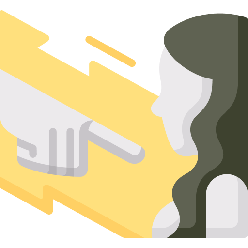 A minimalist illustration of a hand pointing to the left beside the profile of a woman with long dark hair subtly alluding to themes of physical abuse The womans face is depicted in white and the hand is rendered in yellow and white with a shadow effect