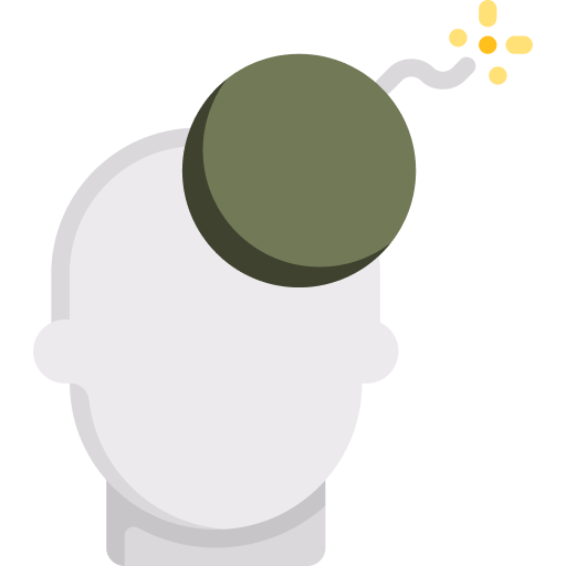 A minimalist illustration of a head with a bomb on top subtly symbolizing post traumatic stress disorder The green bomb has a lit fuse emitting yellow sparks while the featureless white head stands stark against a transparent background