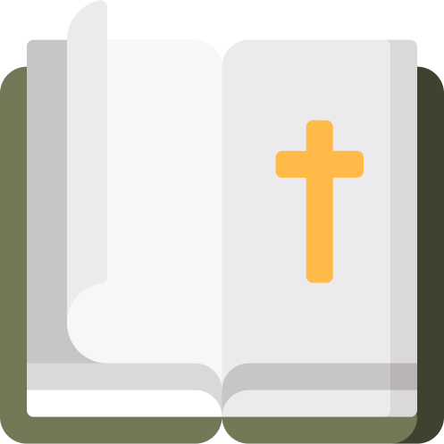 A flat illustration of an open book with blank pages and a yellow Christian cross on the right page symbolizing a spiritual or religious book