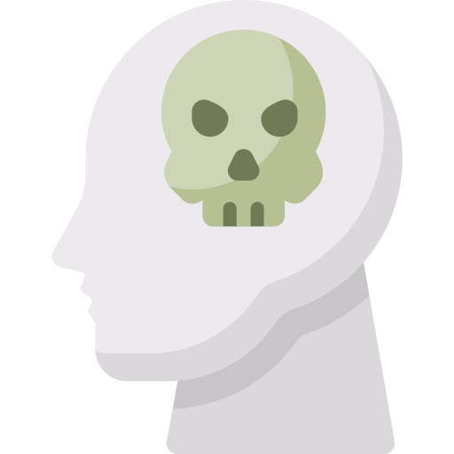 Illustration of a white human head in profile with a green skull icon inside the brain area representing the concept of danger mortality or suicidal ideation The background is plain and the design is simplistic and stylized