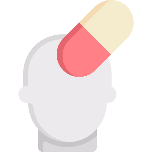 An illustration of a white head with no facial features is overlayed by a large capsule pill half pink and half cream placed over the top of the head suggesting the concept of medicine or treatment for addiction and the mind