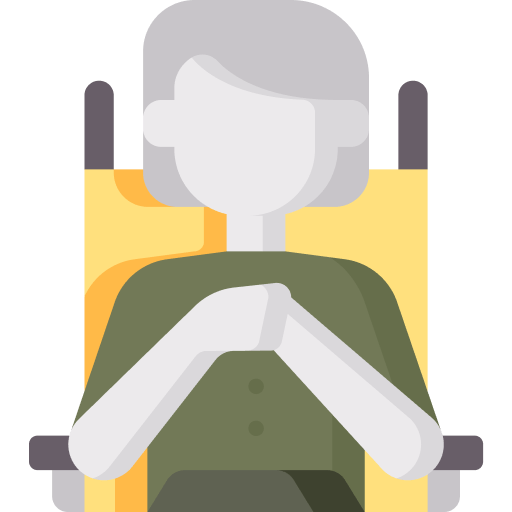 Illustration of an elderly person with gray hair seated in a wheelchair embodying the grace of aging The individual wears a green outfit and rests their hands on their lap making life adjustments The background features a yellow backrest of the wheelchair