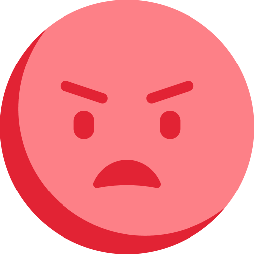 A red round face emoji with furrowed eyebrows and a frowning mouth expressing anger or grief The background is white