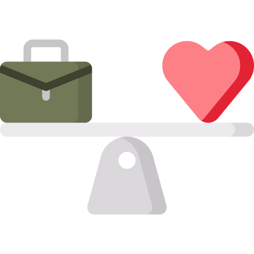 A balanced scale with a green briefcase on the left side and a red heart on the right side symbolizing work life balance and the harmony between professional commitments and personal relationships often illustrated in ACT Therapy