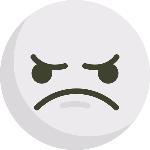 A round grey emoji with a frowning mouth and downturned eyebrows displaying an angry or displeased expression often associated with behavioral depression symptoms