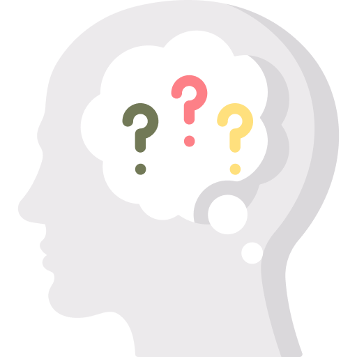 Silhouette of a human head in profile view facing left Inside the head theres a white thought bubble containing three colored question marks one green one red and one yellow symbolizing cognitive depression symptoms and overall confusion or uncertainty The background is plain white