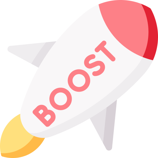 An illustration of a rocket ship with a red top and bottom and the word BOOST written on its white body The rocket appears to be in motion with a yellow flame at the bottom symbolizing confidence as it takes off toward self esteem