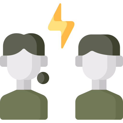 Illustration of two faceless individuals one with a ponytail facing each other with a yellow lightning bolt between them indicating relationship conflict Both figures are wearing green