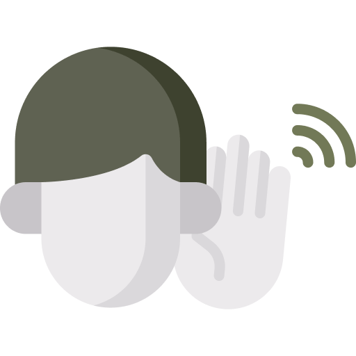 A minimalist illustration of a person engaged in active conflict resolution The figure has a grey head a dark hair and is holding a hand to their ear Sound waves are depicted near the ear emphasizing the importance of careful listening for effective communication