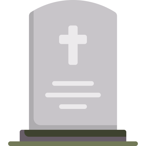 An illustration of a gravestone with a cross at the top center symbolizing grief and loss The gravestone has horizontal lines representing text inscriptions It sits on a simple base with a green and dark section The background is plain reflecting the solemnity of death