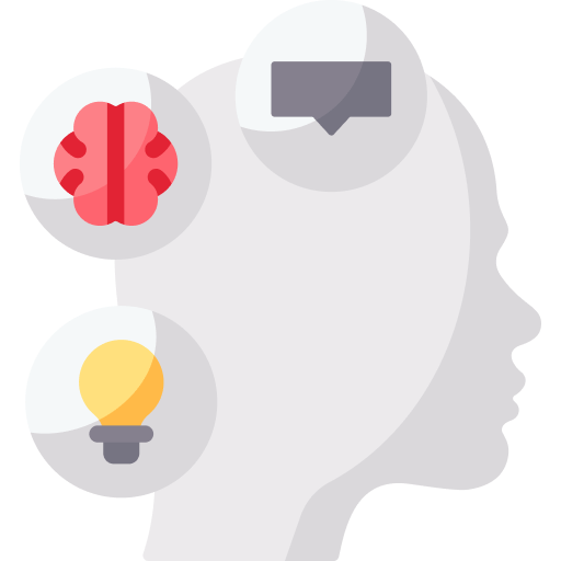 A silhouette of a human head with three icons a brain representing thinking a speech bubble symbolizing communication and a lightbulb illuminating ideas The brain is positioned near the top left the speech bubble at the top right and the lightbulb at the bottom left facilitating cognitive defusion