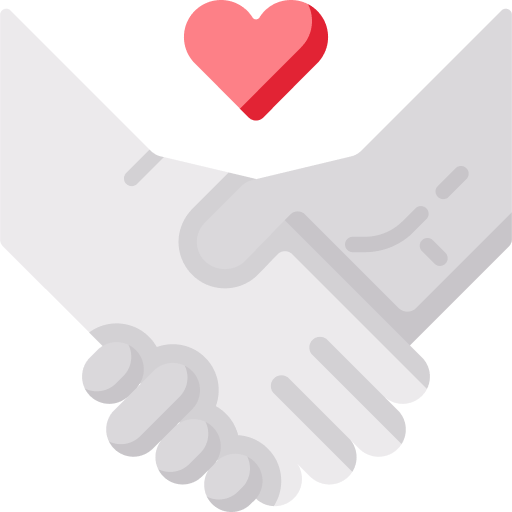 Illustration of two hands shaking in a friendly handshake with a red heart positioned above them symbolizing empathy partnership support or unity