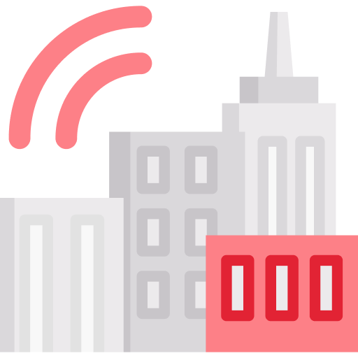 Icon depicting a cityscape with several gray high rise buildings and one red low rise building Above the buildings curved red lines resembling broadcast or signal waves illustrate environmental stress in an urban noise environment