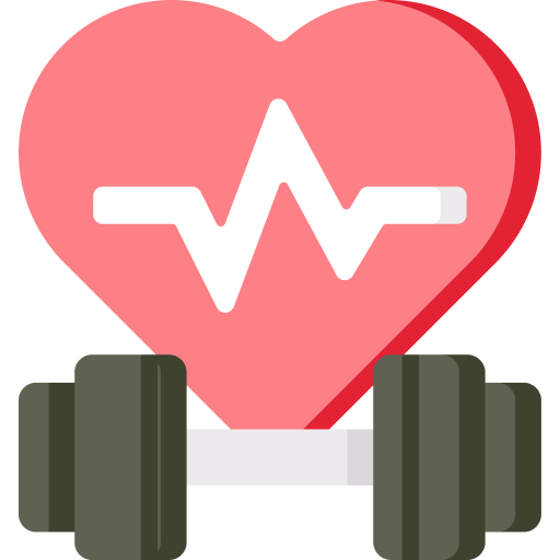 Illustration of a pink heart with a white heartbeat line across it Below the heart is a black and white dumbbell symbolizing the blend of exercise and heart health through physical activity