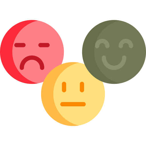 An illustration of three emoticons showcases distinct facial expressions From left to right a red sad face with a frown a yellow neutral face with a flat line mouth and a green happy face with a smile The emoticons represent different emotions sadness neutrality and happiness