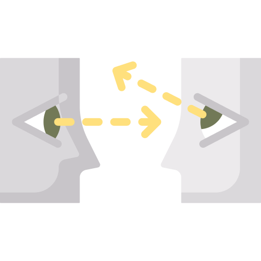 Illustration of two stylized faces facing each other with arrows pointing at each others eyes representing observation communication or maintaining eye contact