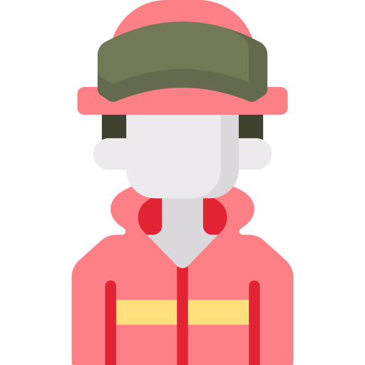 An illustration of a firefighter wearing a red uniform with yellow accents a red helmet with a green visor and a red jacket The faceless design emphasizes the uniform highlighting the bravery of first responders