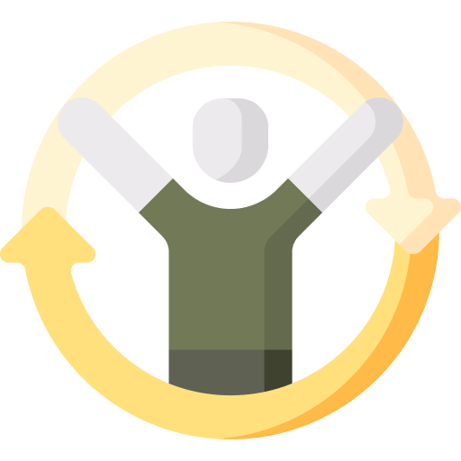 Illustration of a person with arms raised surrounded by a circular arrow The person is depicted in simple flat design with a grey head and raised arms wearing a green shirt The circular arrow is yellow representing the cycle of holistic mental healthcare around the individual