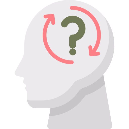 A graphic illustration of a human head in profile facing left Inside the head there is a green question mark encircled by two pink arrows forming a loop symbolizing thinking confusion or dissociation