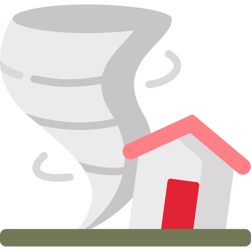 Illustration of a tornado next to a house with a red roof and white walls set on a patch of green ground The tornado is depicted as a white swirling funnel approaching the house vividly evoking flashbacks of natural disasters and suggesting an impending storm