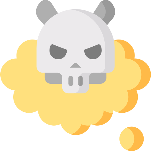 A stylized illustration of a white skull with furrowed brows inside a yellow cloud resembling a thought or speech bubble The skull appears to be angry or intimidating evoking the kind of distressing nightmares and vivid flashbacks youd find in a cartoonish design