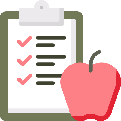 Icon of a clipboard with a checklist featuring three red checkmarks on a list and a red apple with a bite taken out of it in the bottom right corner symbolizing the integration of nutritional counseling in mental health