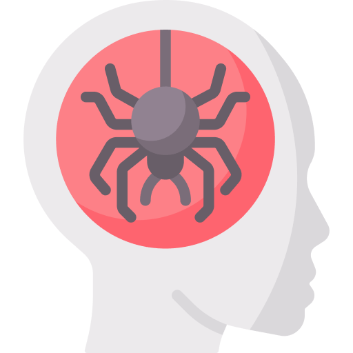 Illustration of a white silhouette of a human head facing right with a pink brain area containing a large gray spider hanging by a single thread symbolizing phobias fears or mental distress