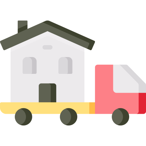 A flat icon of a house being transported on a truck symbolizing relocation The house is white with gray windows and a dark gray roof The truck features a red cabin and a yellow base The design is simple and cartoonish reflecting the life adjustments involved in moving homes