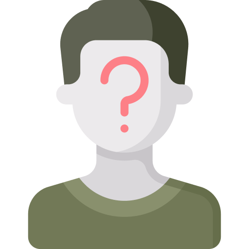 Icon of a person with their face replaced by a red question mark symbolizing anonymity or self identity struggles caused by spiritual trauma The person is depicted in simple flat design with neutral colors