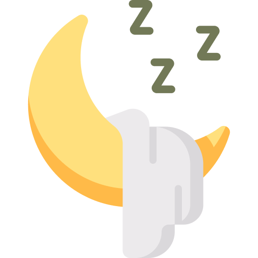 An illustrated crescent moon with a white blanket draped over it and green Z letters above promoting sleep hygiene