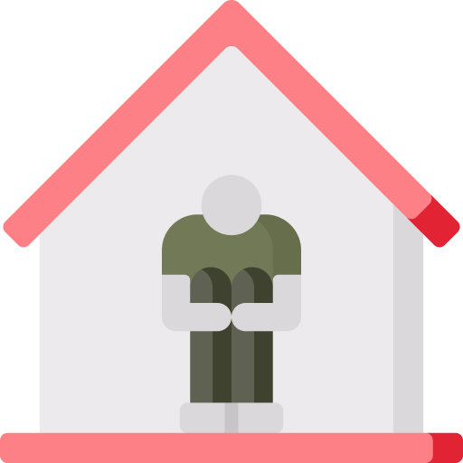 A minimalist illustration of a house with a pink roof Inside a person depicted in gray with green clothing sits with their knees up and arms wrapped around their legs evoking a sense of social isolation or introspection