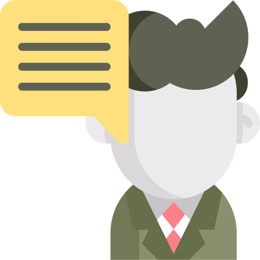 A simplified illustration of a person in a suit with a speech bubble symbolizing communication The faceless figure has dark hair wearing a green jacket and a red and white tie The yellow speech bubble features four horizontal lines representing text