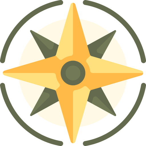 A stylized compass rose with four main yellow points and four smaller green points embodies guiding values It features a circular yellow background with a darker green ring around it and two gray curved lines that partially encircle the intricate design